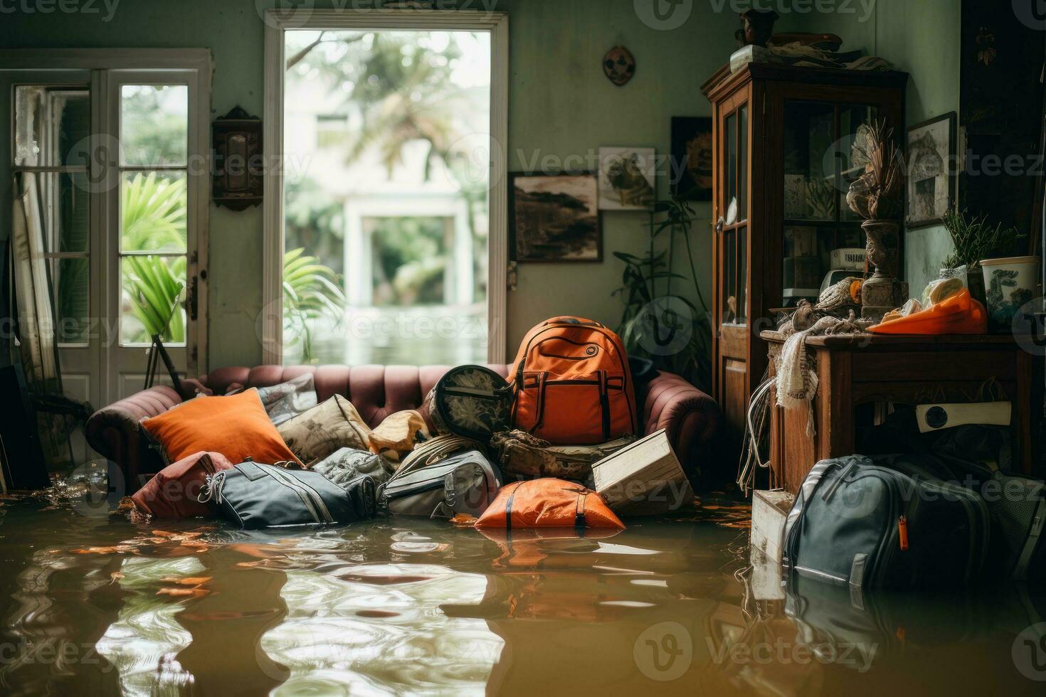 inundado habitación en el casa con cosas, tsunami arruinado personas propiedad generativo ai foto