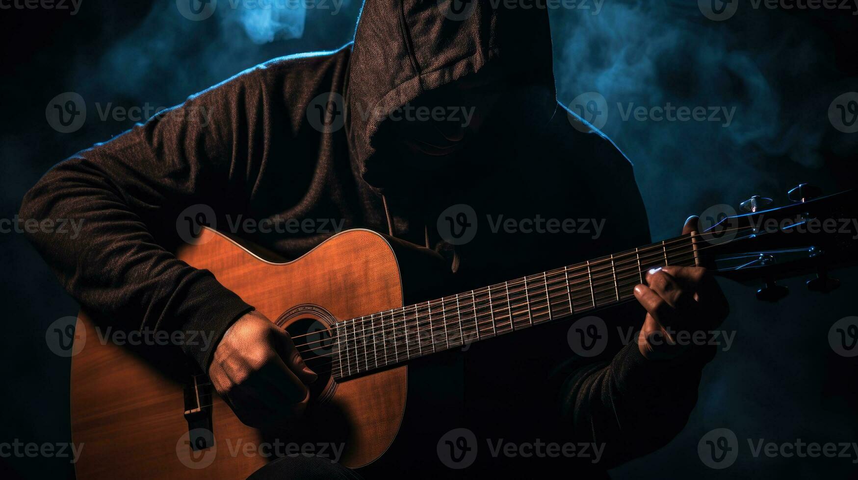 man play in acoustic guitar in the dark generative ai photo