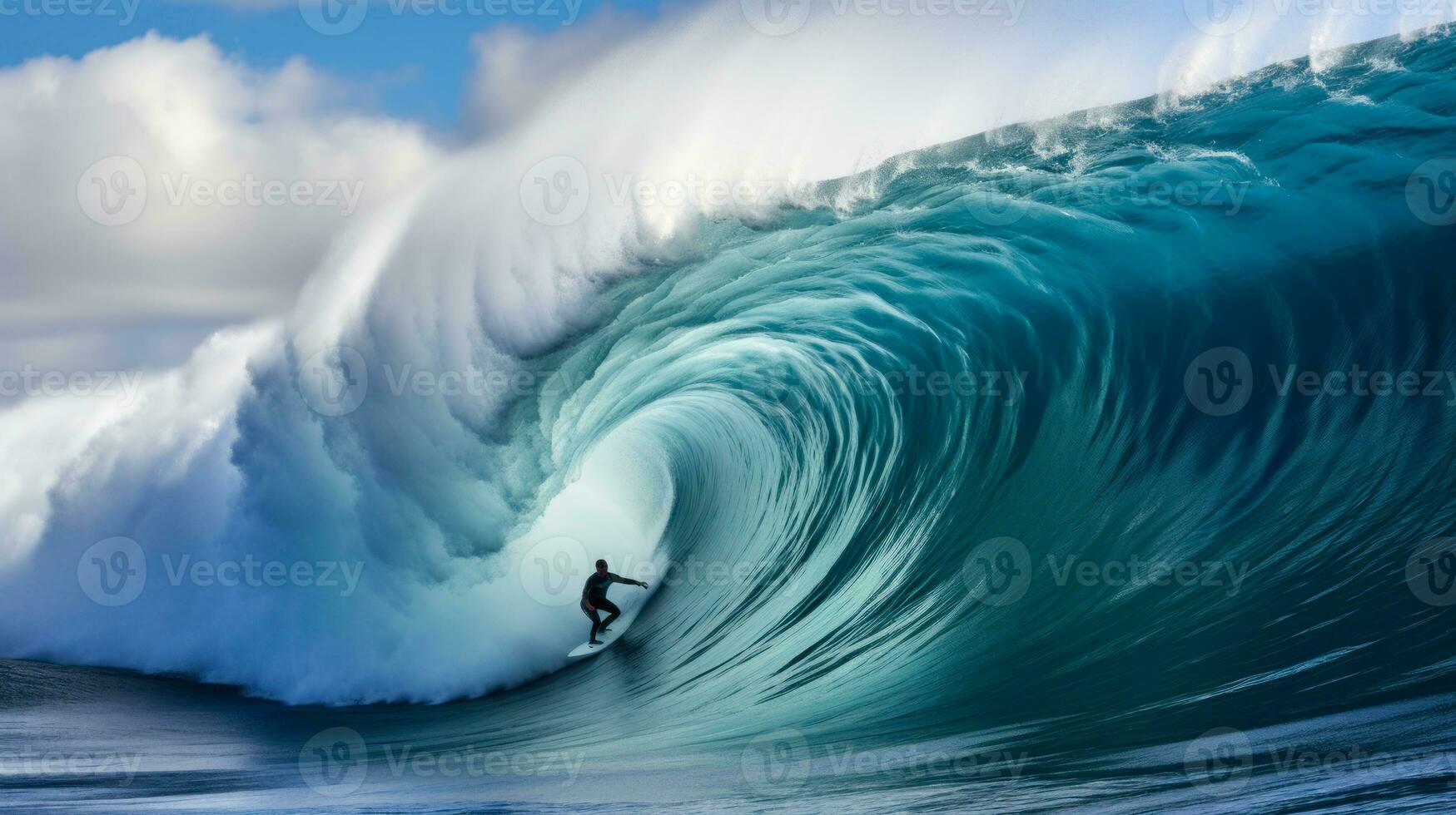 surfer cuts a huge wave on the board, blue water tunnel generative ai photo
