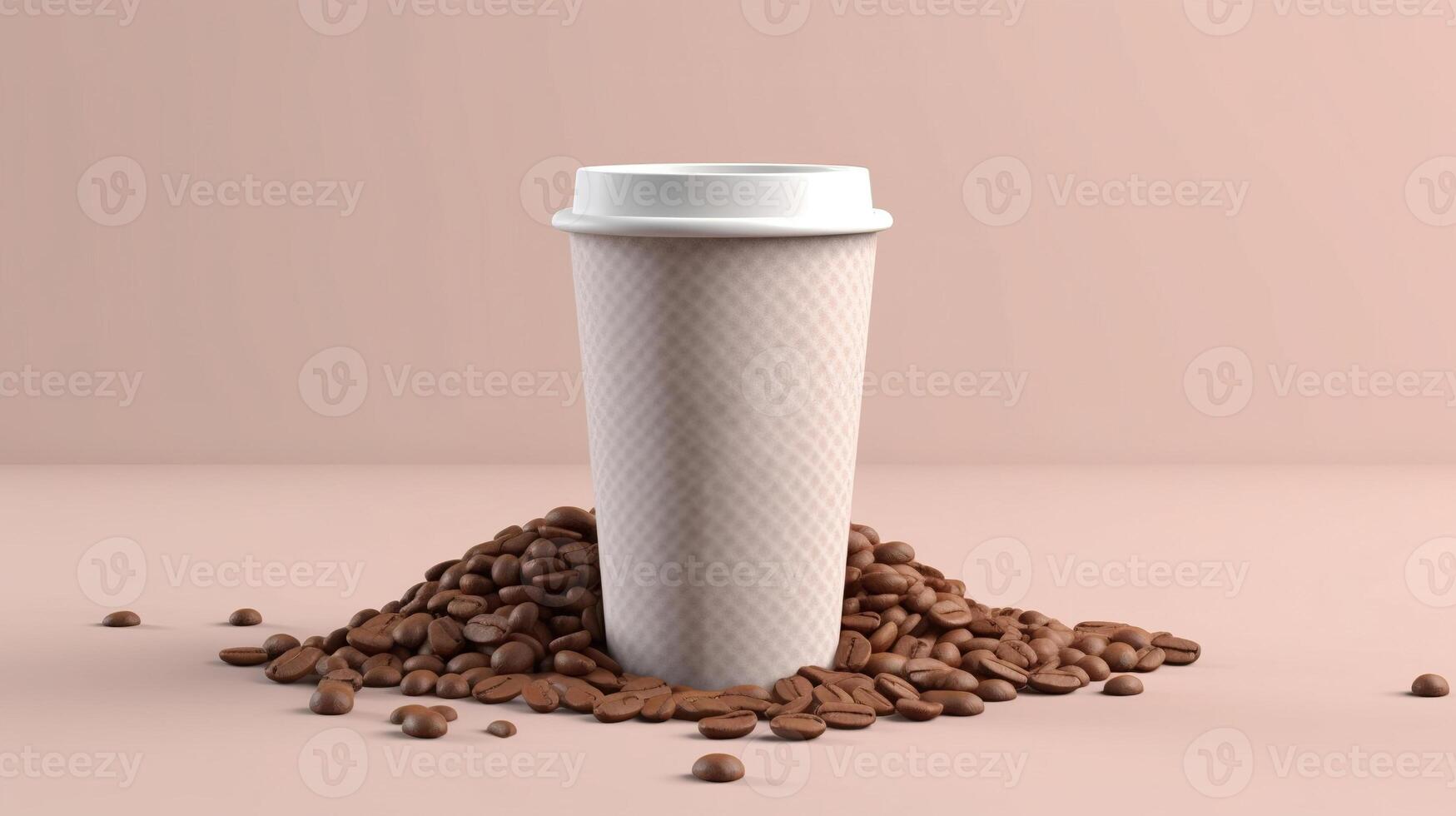 coffee cup at the top of coffee beans on pastel background. photo