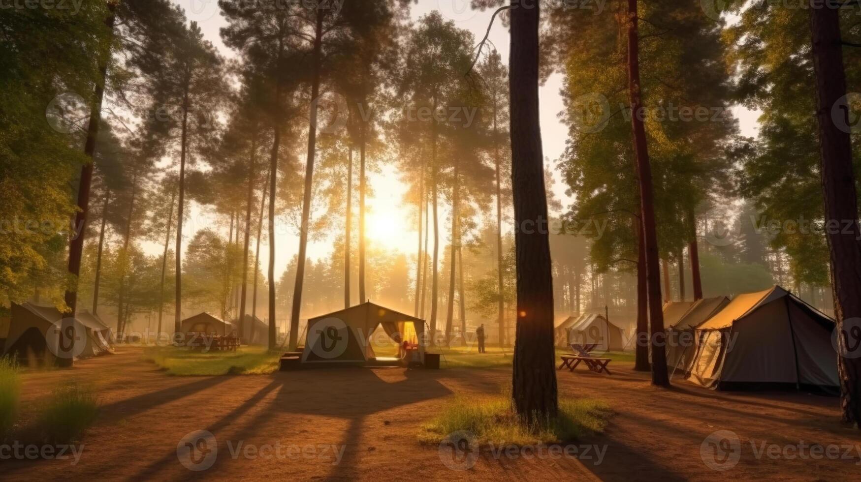 sunrise in a campground in a woods. photo