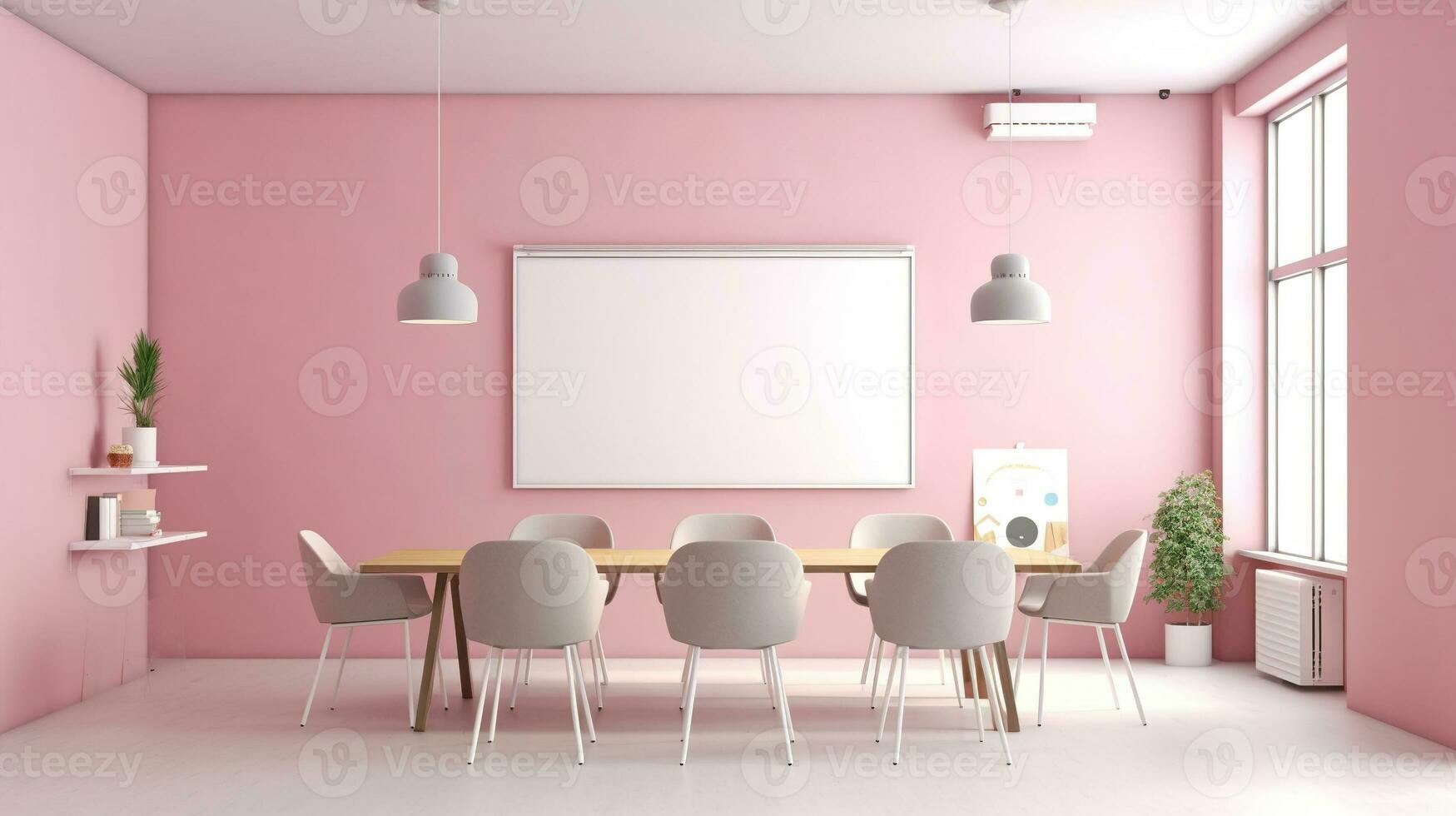 A mockup for a single frame tv  white screen, Soft pink wall office meeting room Generative Ai photo