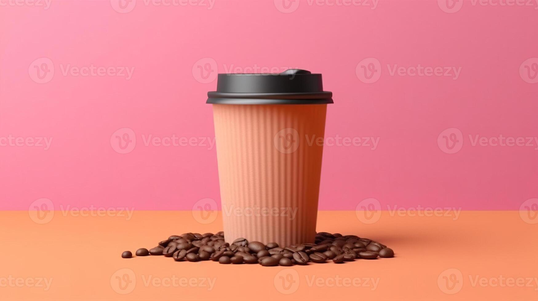 coffee cup at the top of coffee beans on pastel background. photo