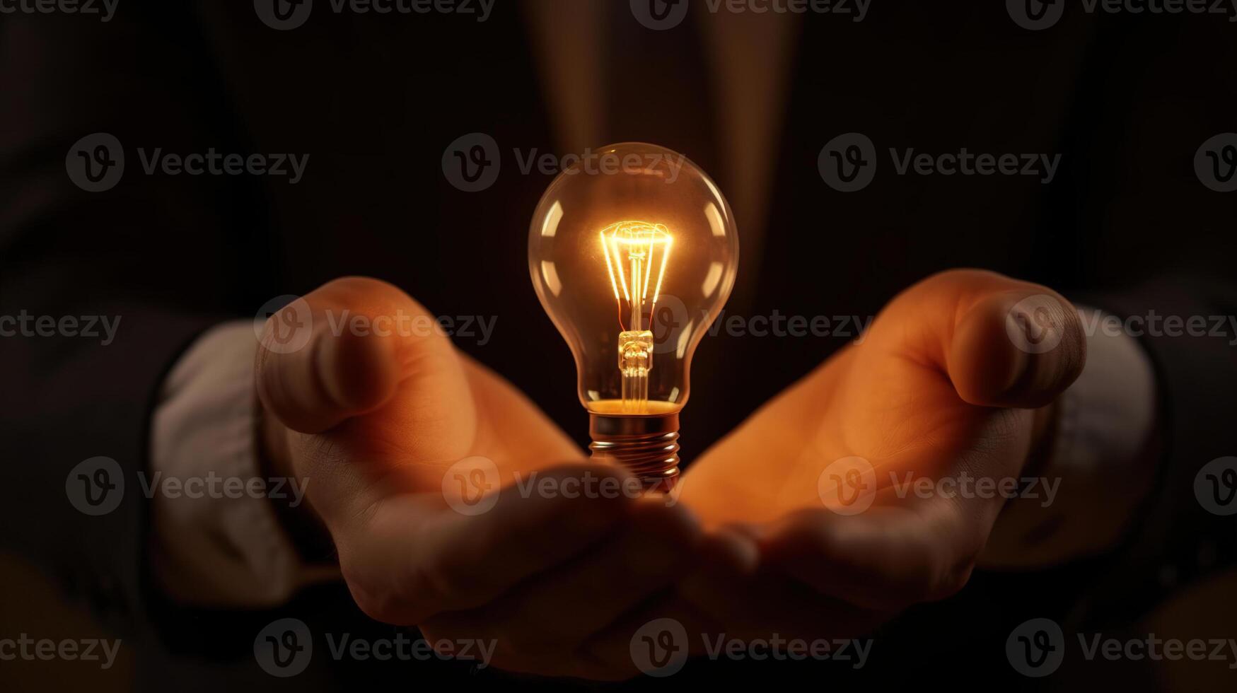 Businessman holds illuminated light bulb, symbolizing idea, innovation and inspiration. photo