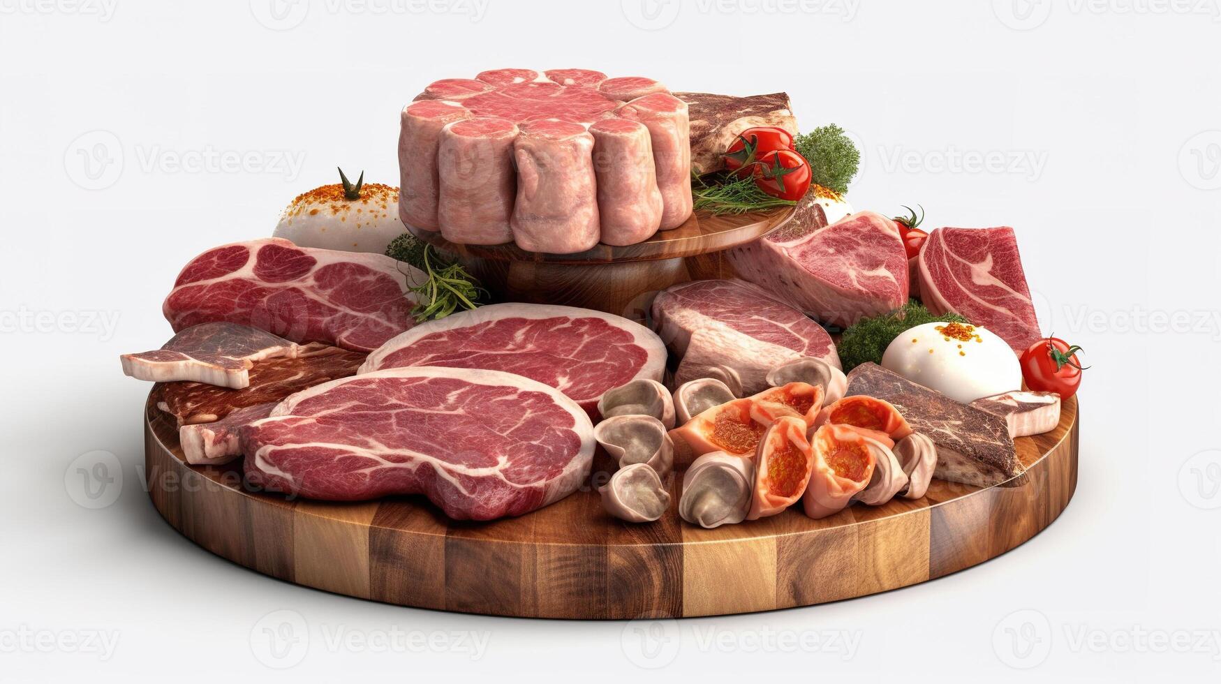 meat on a selves full loaded white background. photo