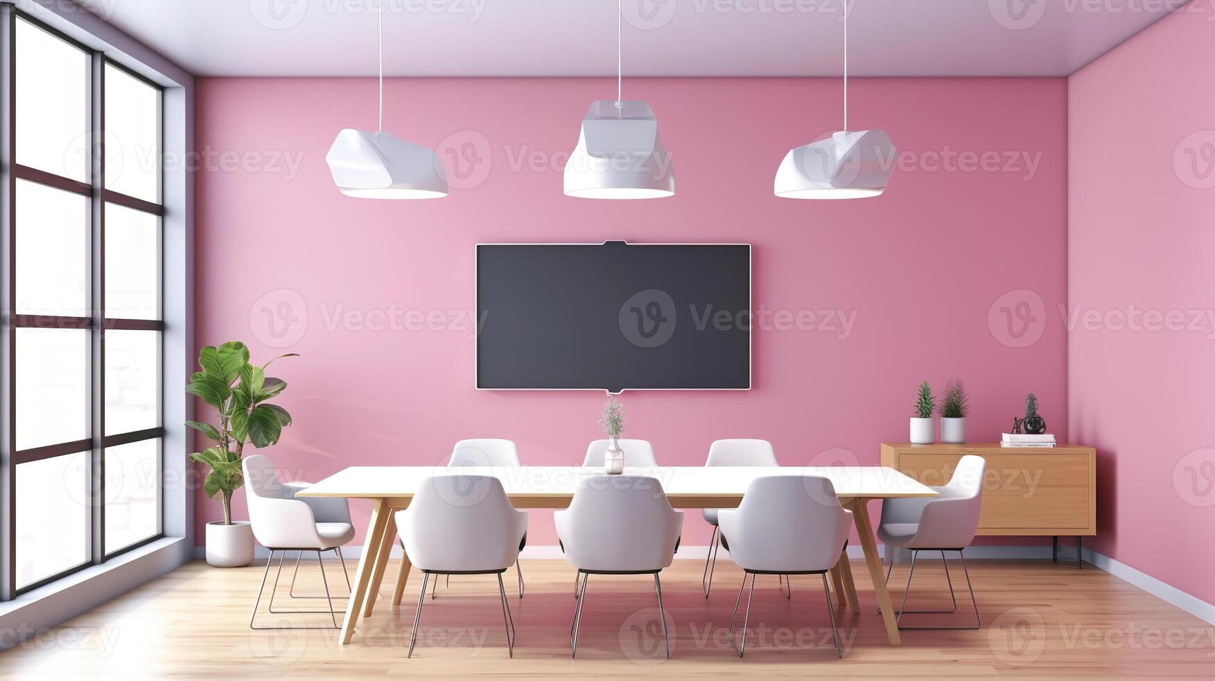 A mockup for a single frame tv white screen, Soft pink wall, office