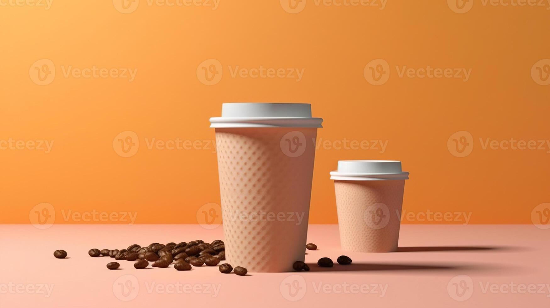 coffee cup at the top of coffee beans on pastel background. photo