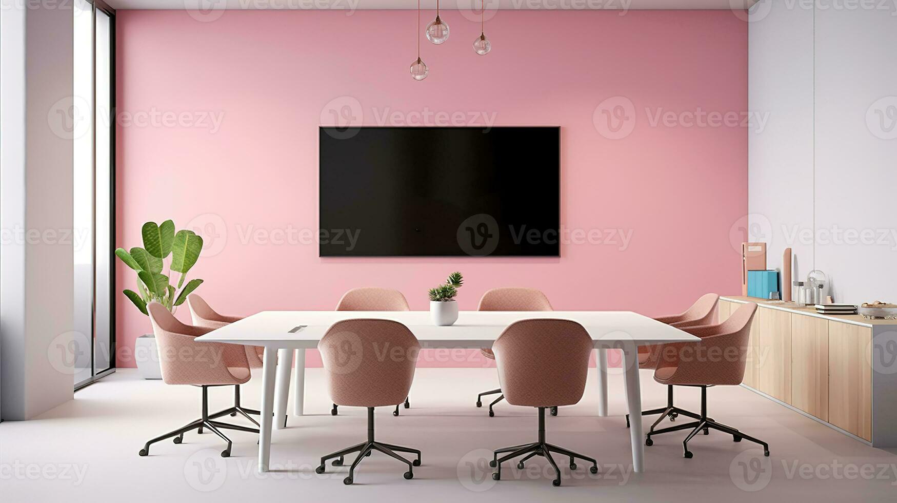 A mockup for a single frame tv  white screen, Soft pink wall, office meeting room. Generative Ai photo