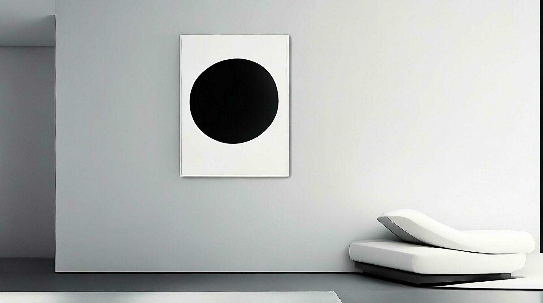 Minimalistic living room interior with white walls, concrete floor, black sofa and round coffee table. 3d rendering mock up AI Generative photo