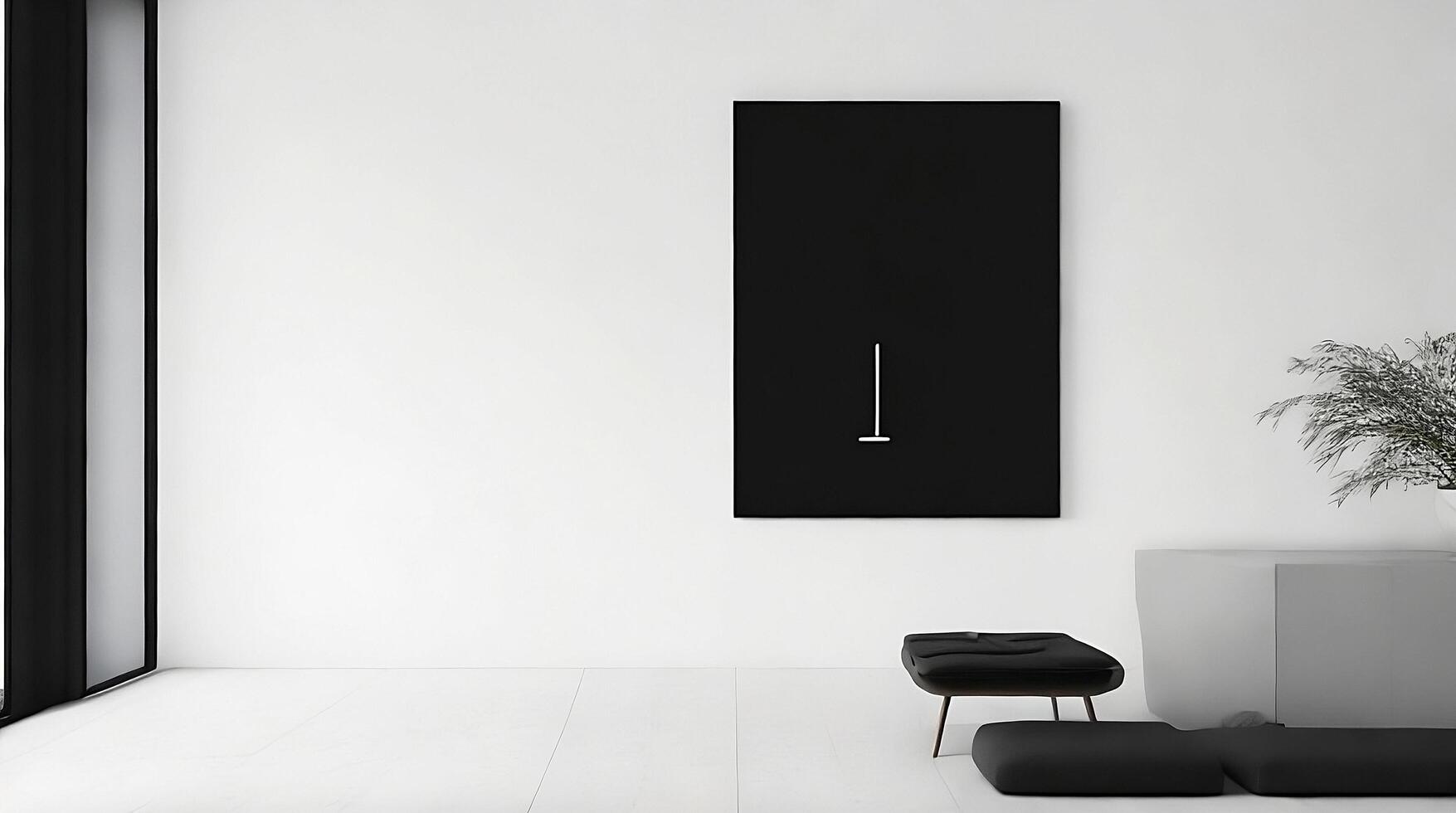 Minimalistic living room interior with white walls, concrete floor, black sofa and round coffee table. 3d rendering mock up photo