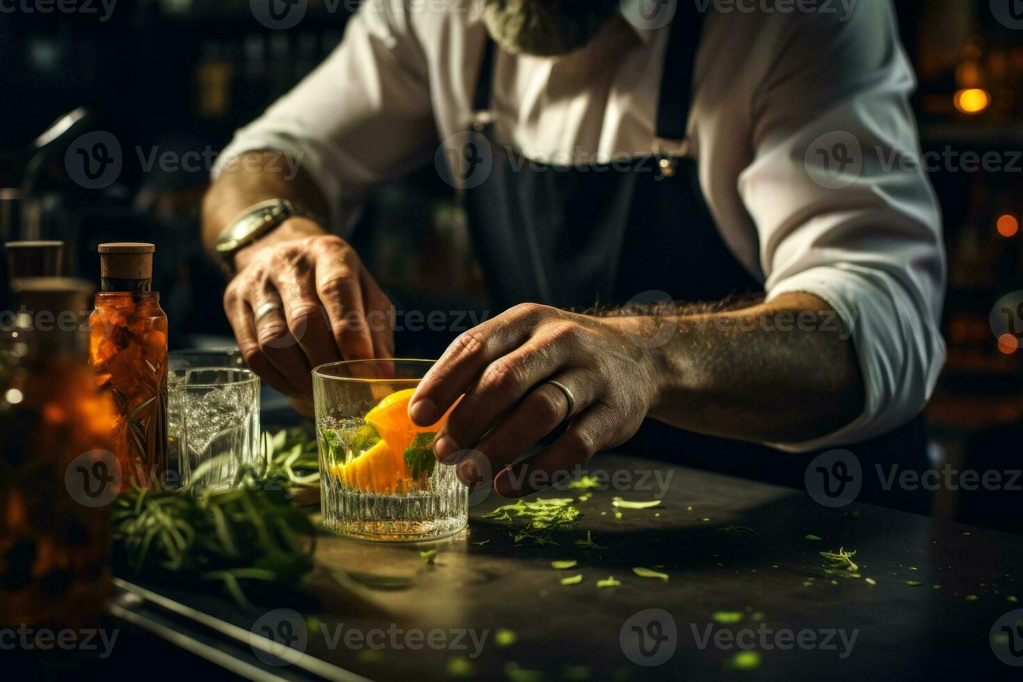bartender prepares a cocktail with citrus fruits generative ai photo