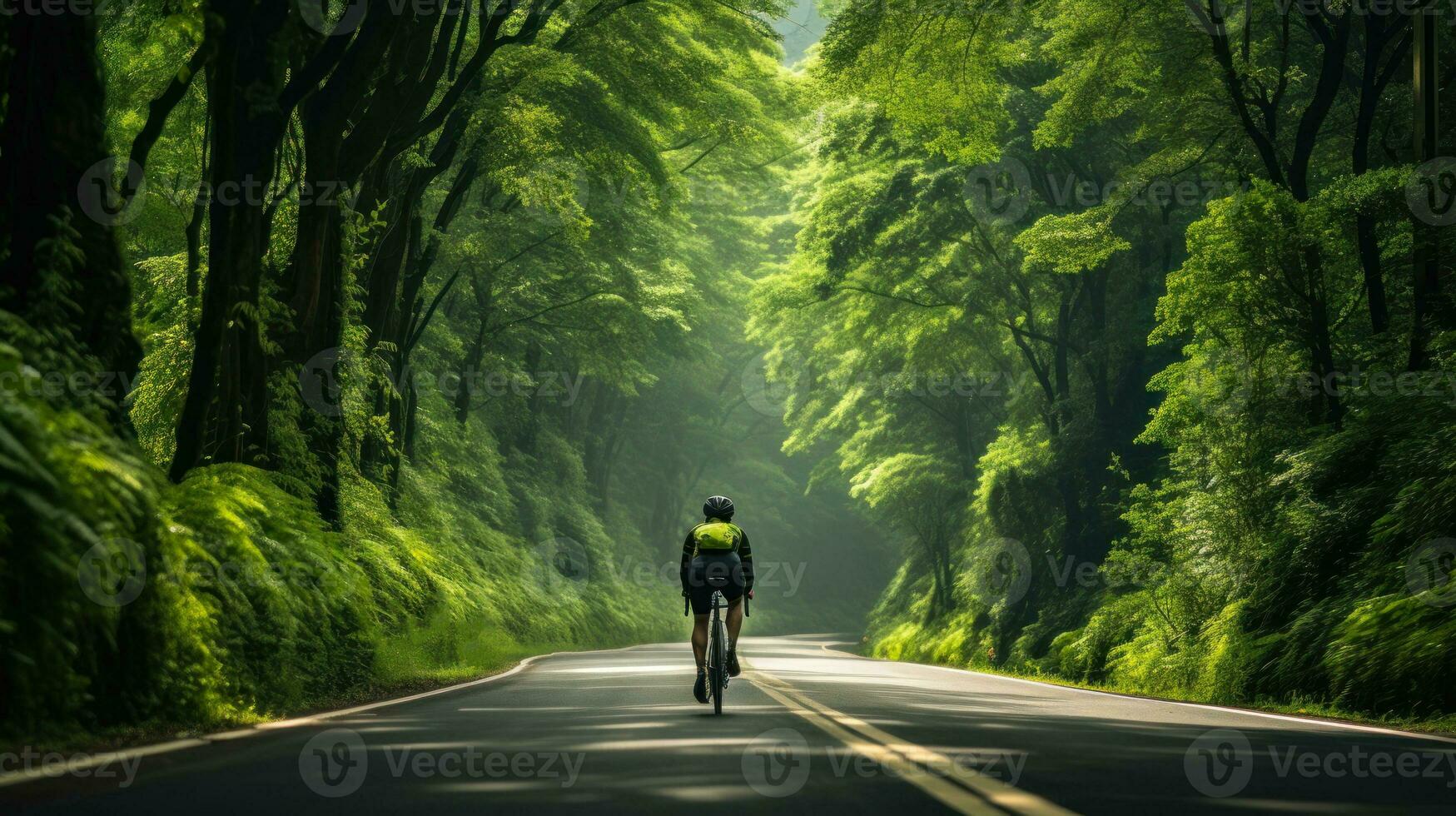 ciclista paseos en un autopista rodeado por verde bosques generativo ai foto