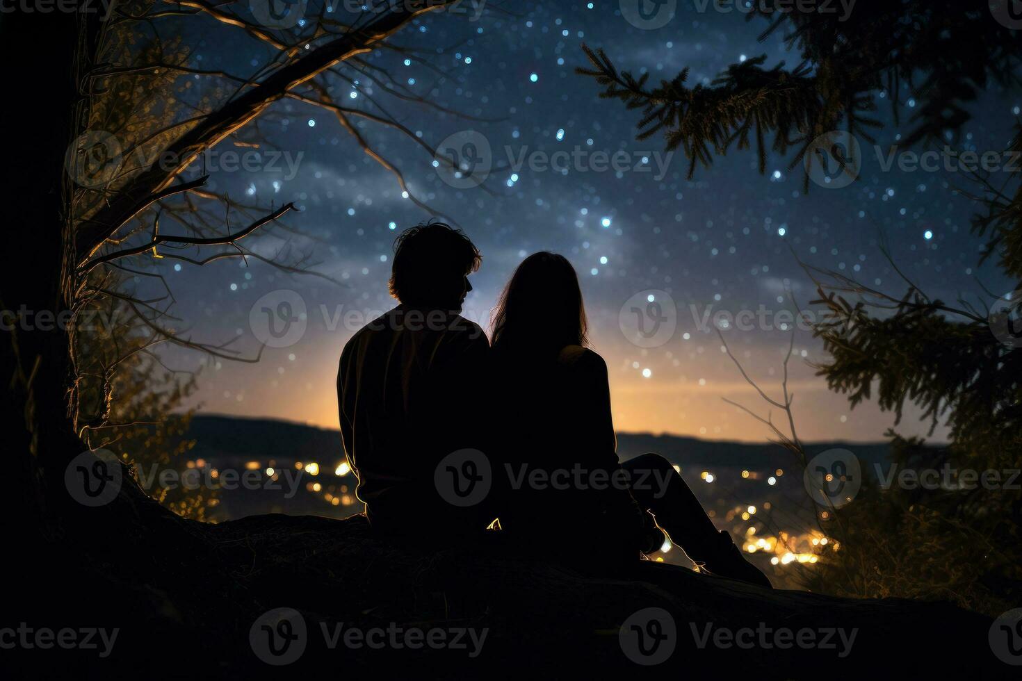 Pareja en amor admirativo el noche estrellas, romántico atmósfera generativo ai foto