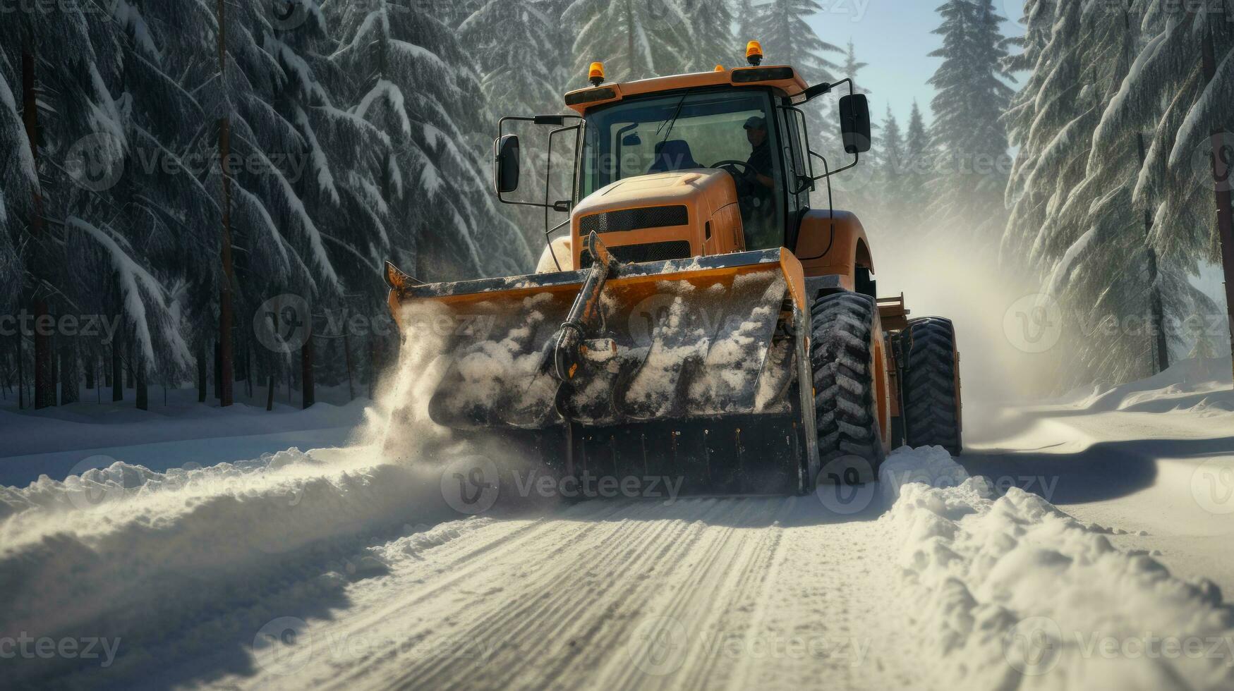 invierno nieve eliminación en el la carretera con un excavador generativo ai foto