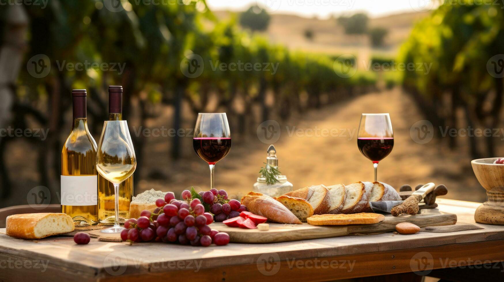 festive table with tasty wine and appetizers on French grape plantations generative ai photo