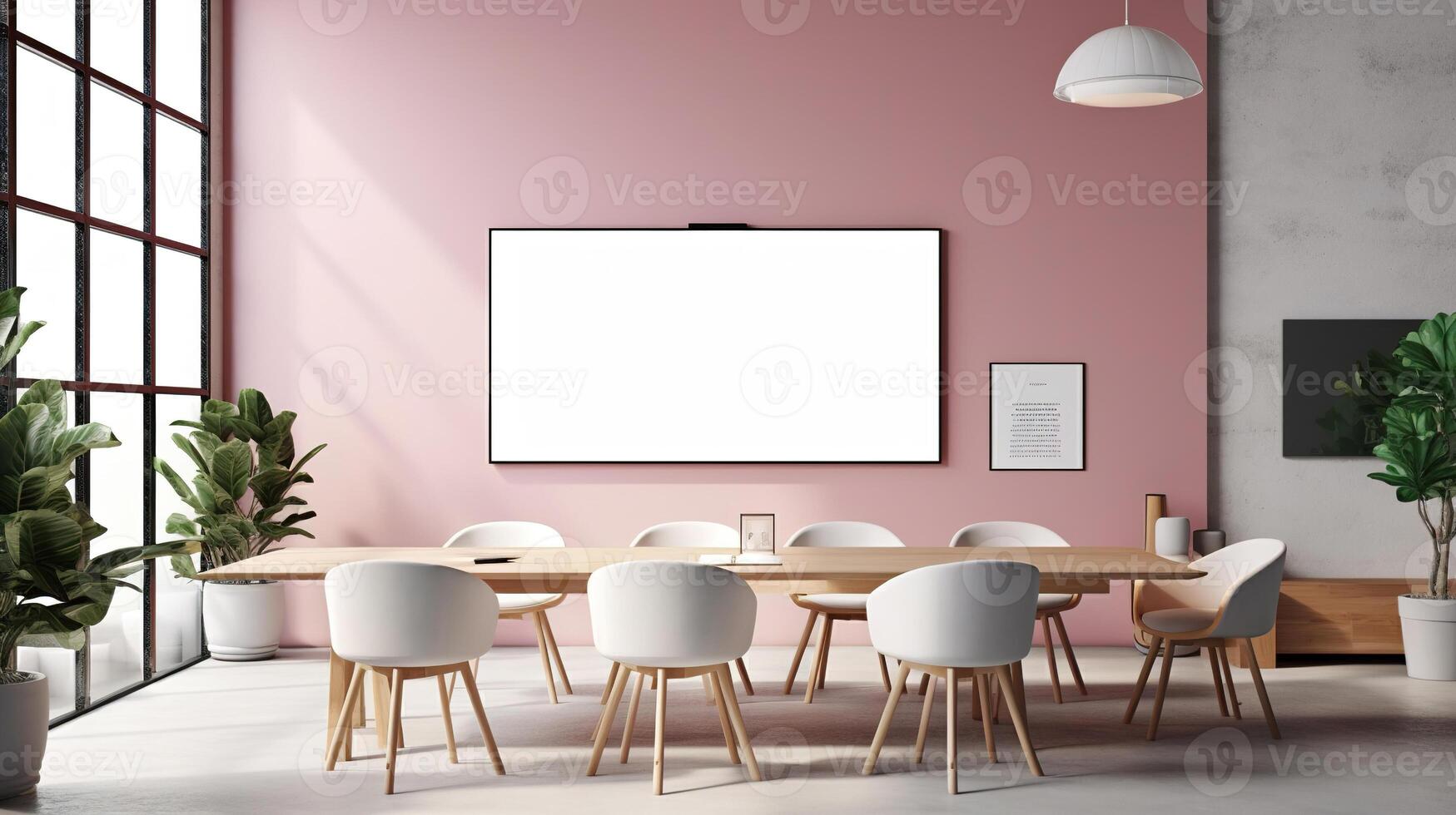 A mockup for a single frame tv  white screen, Soft pink wall, office meeting room. Generative Ai photo