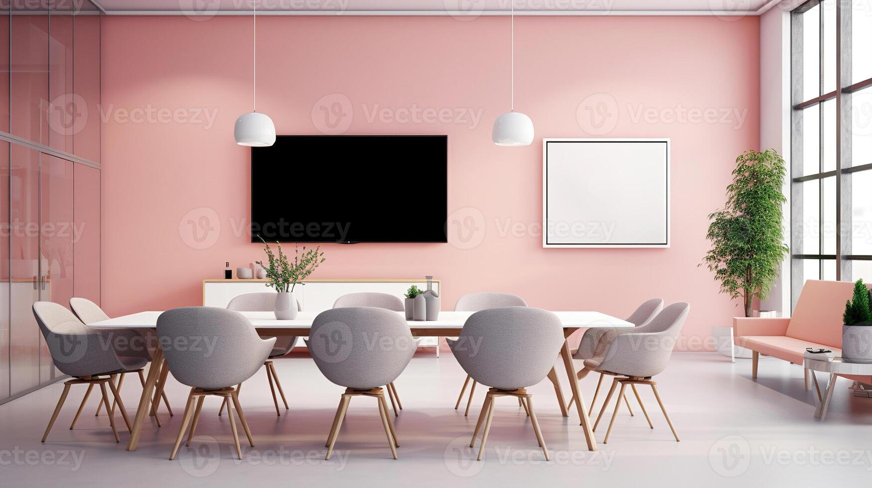 A mockup for a single frame tv  white screen, Soft pink wall, office meeting room. Generative Ai photo