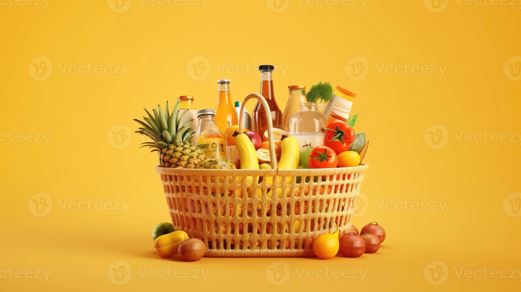 Supermarket basket with foods right position on yellow background. photo