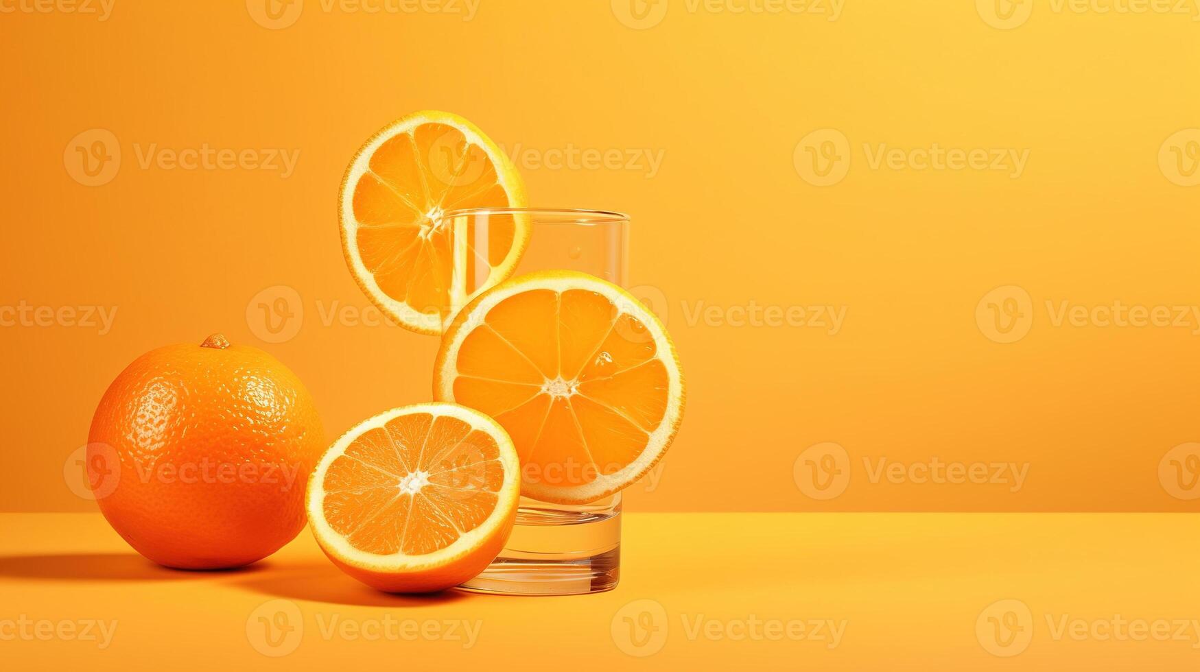 Creative layout made from fresh orange fruit and a glass of orange juice on a pastel orange background. photo