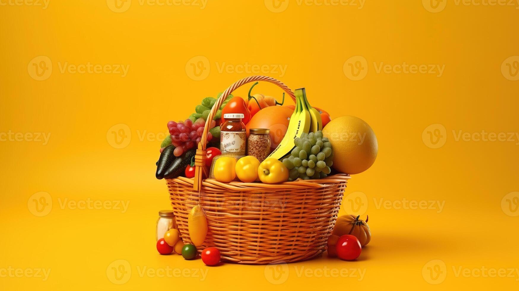 Supermarket basket with foods right position on yellow background. photo