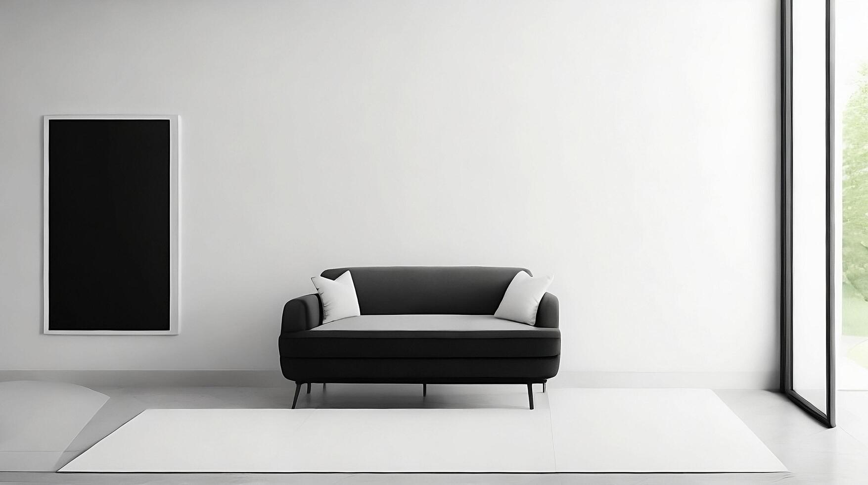 Minimalistic living room interior with white walls, concrete floor, black sofa and round coffee table. 3d rendering mock up photo