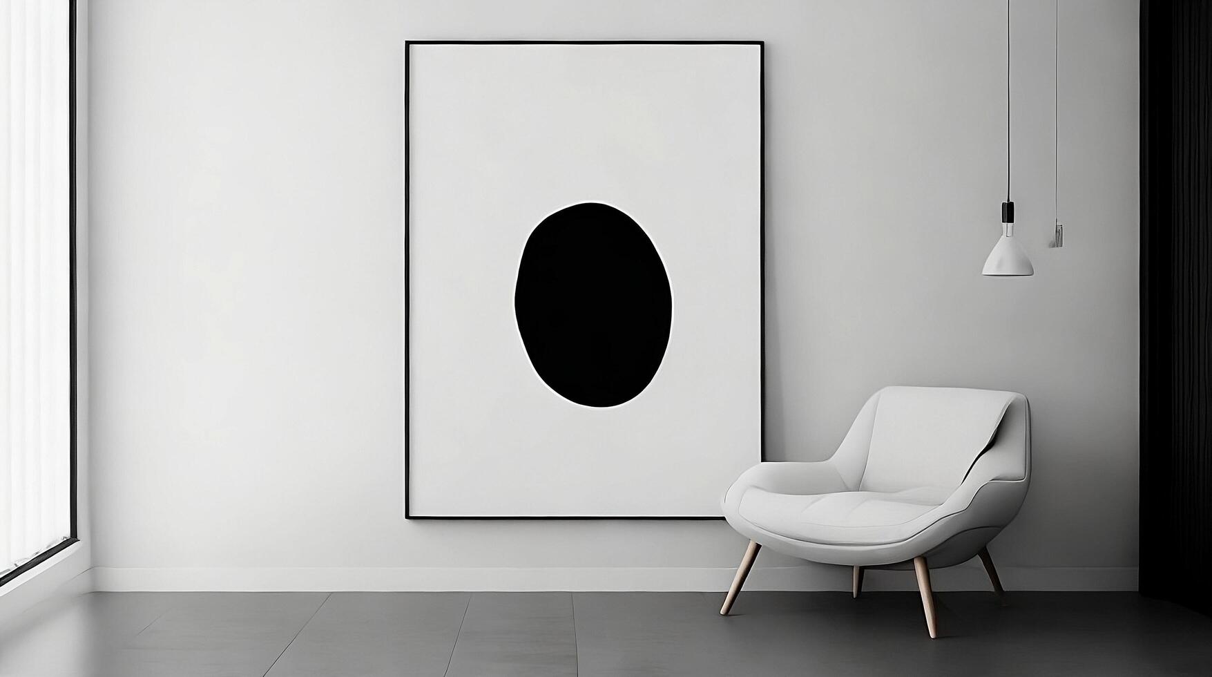 Minimalistic living room interior with white walls, concrete floor, black sofa and round coffee table. 3d rendering mock up photo