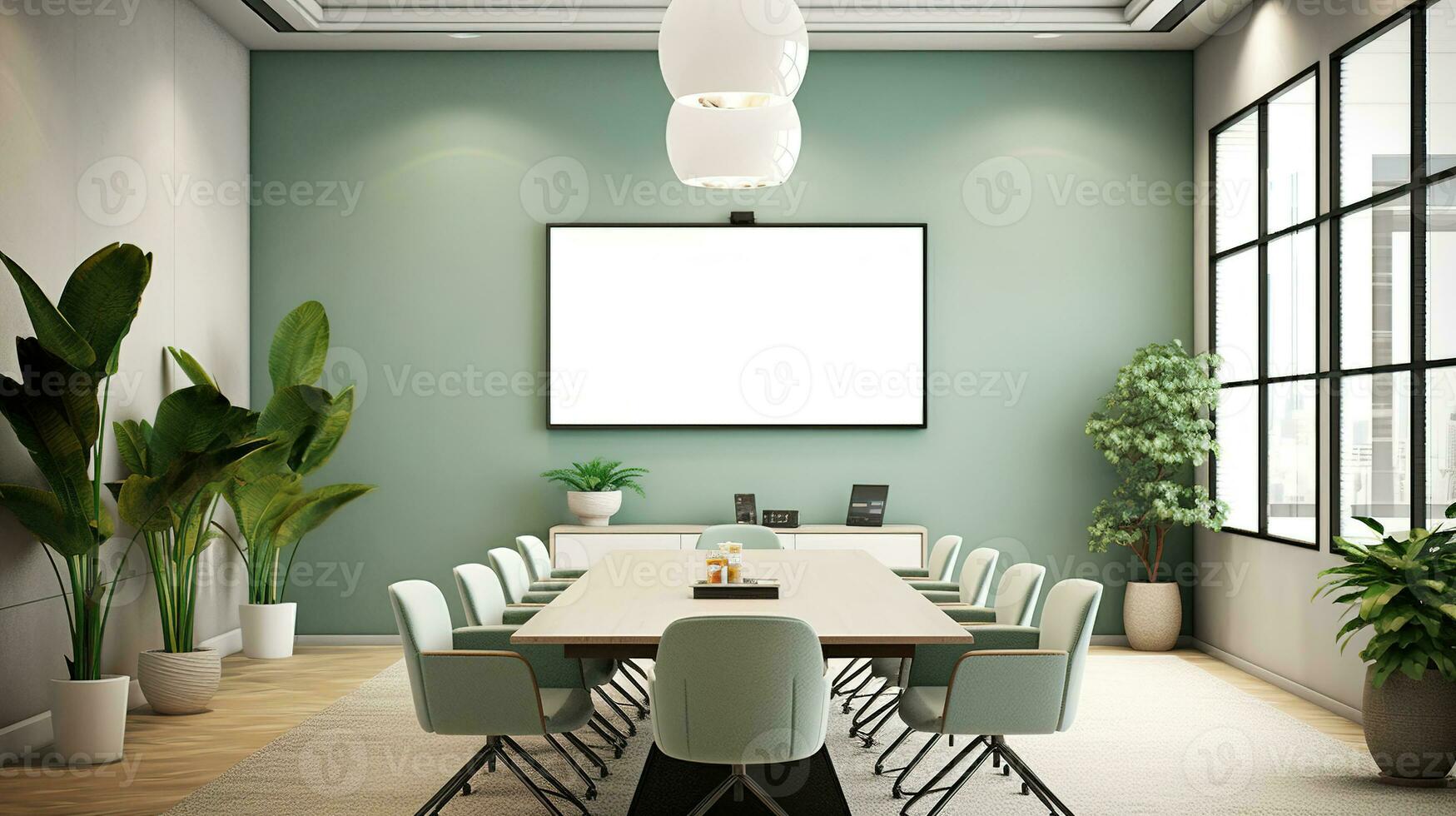 A mockup for a single frame tv white screen, Soft green wall, office meeting room. Generative Ai photo