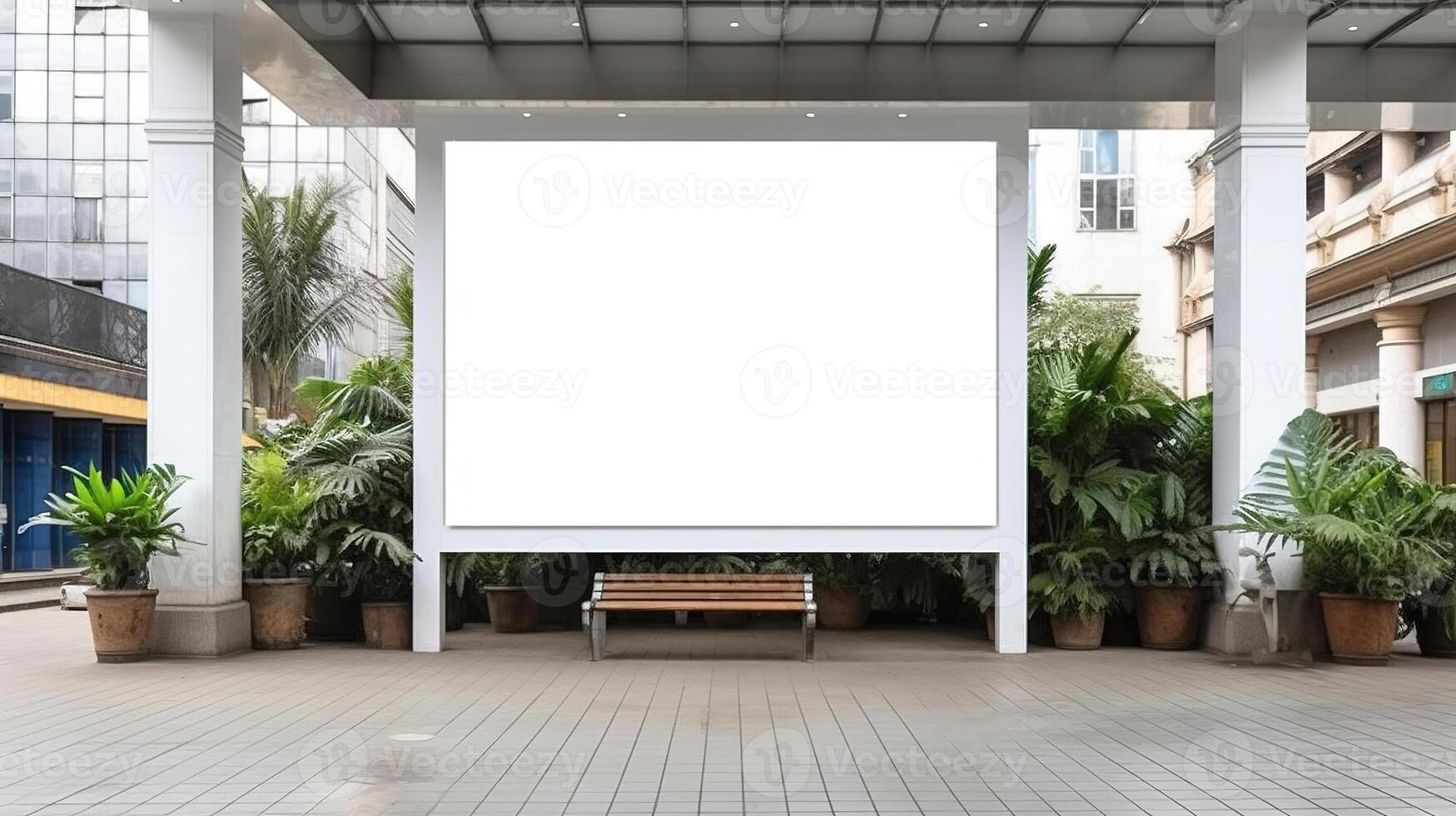 Public shopping center mall or business center advertisement board space as empty blank white mockup signboard with copy space area. photo