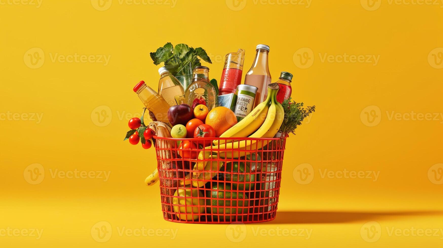 Supermarket basket with foods right position on yellow background. photo