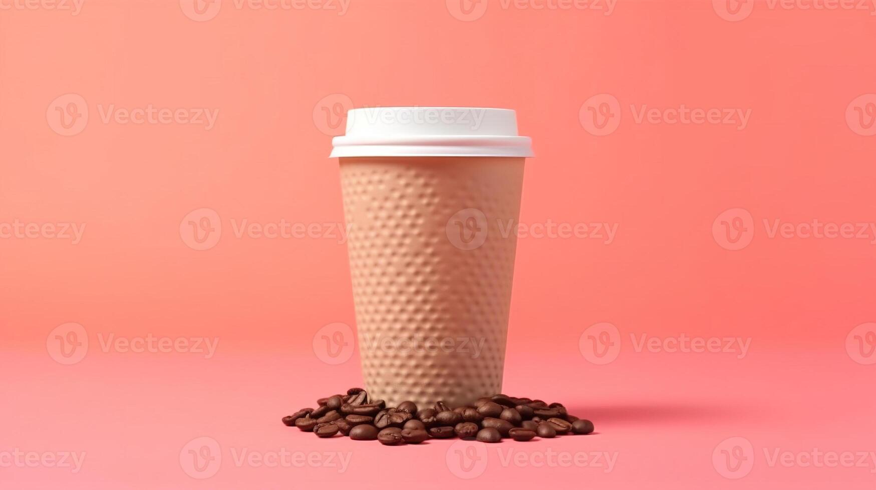 coffee cup at the top of coffee beans on pastel background. photo