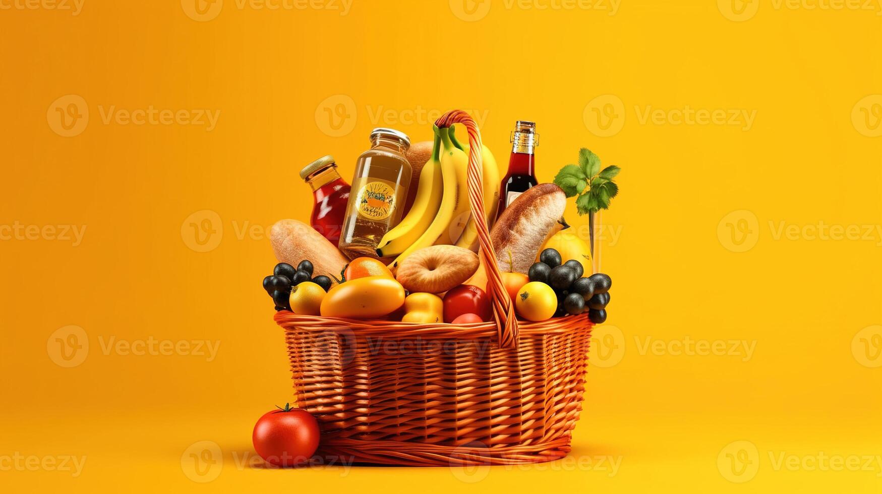 Supermarket basket with foods right position on yellow background. photo