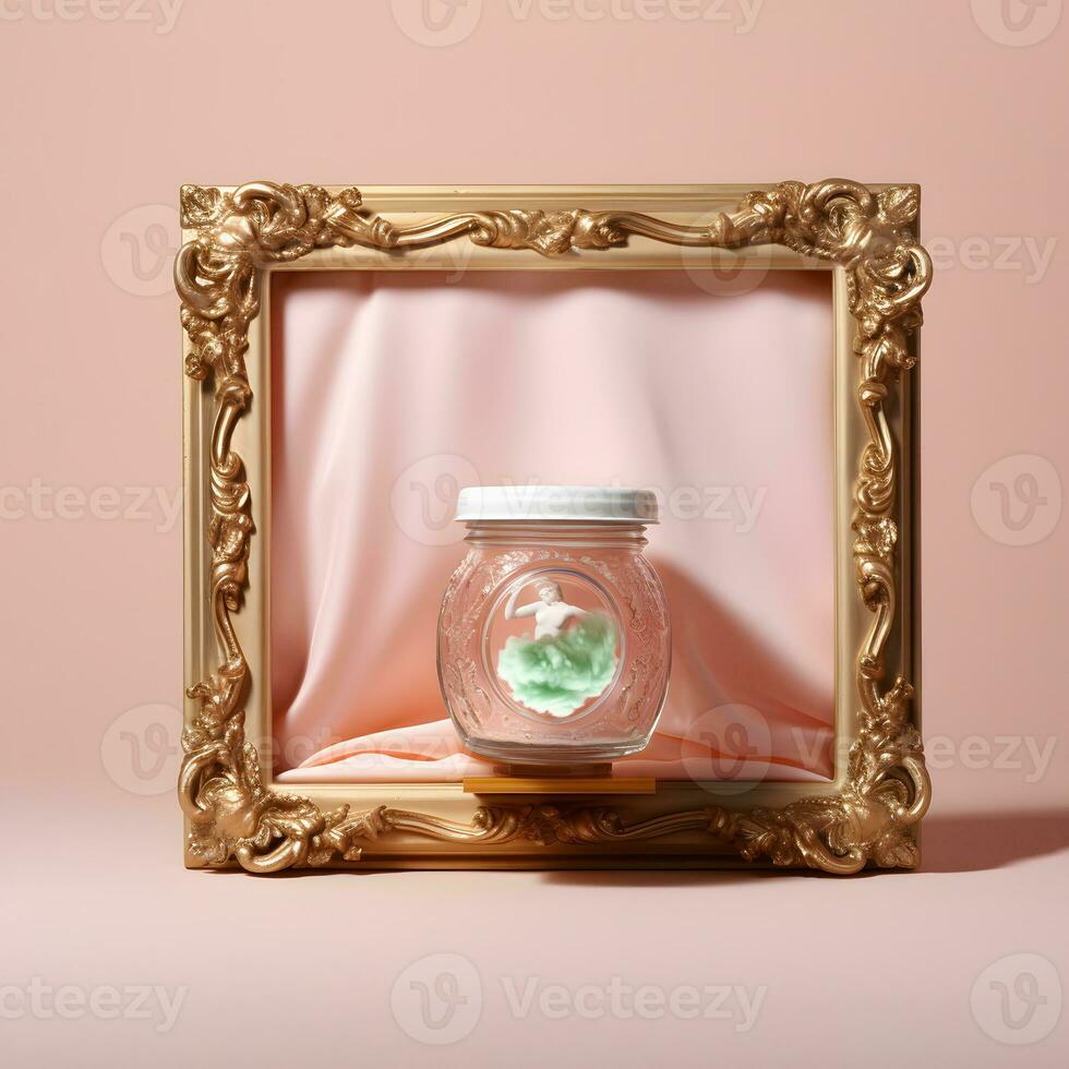 Small art figurine and a puff of green smoke in a jar, framed in a gold square frame, pastel pink satin drapery background. photo