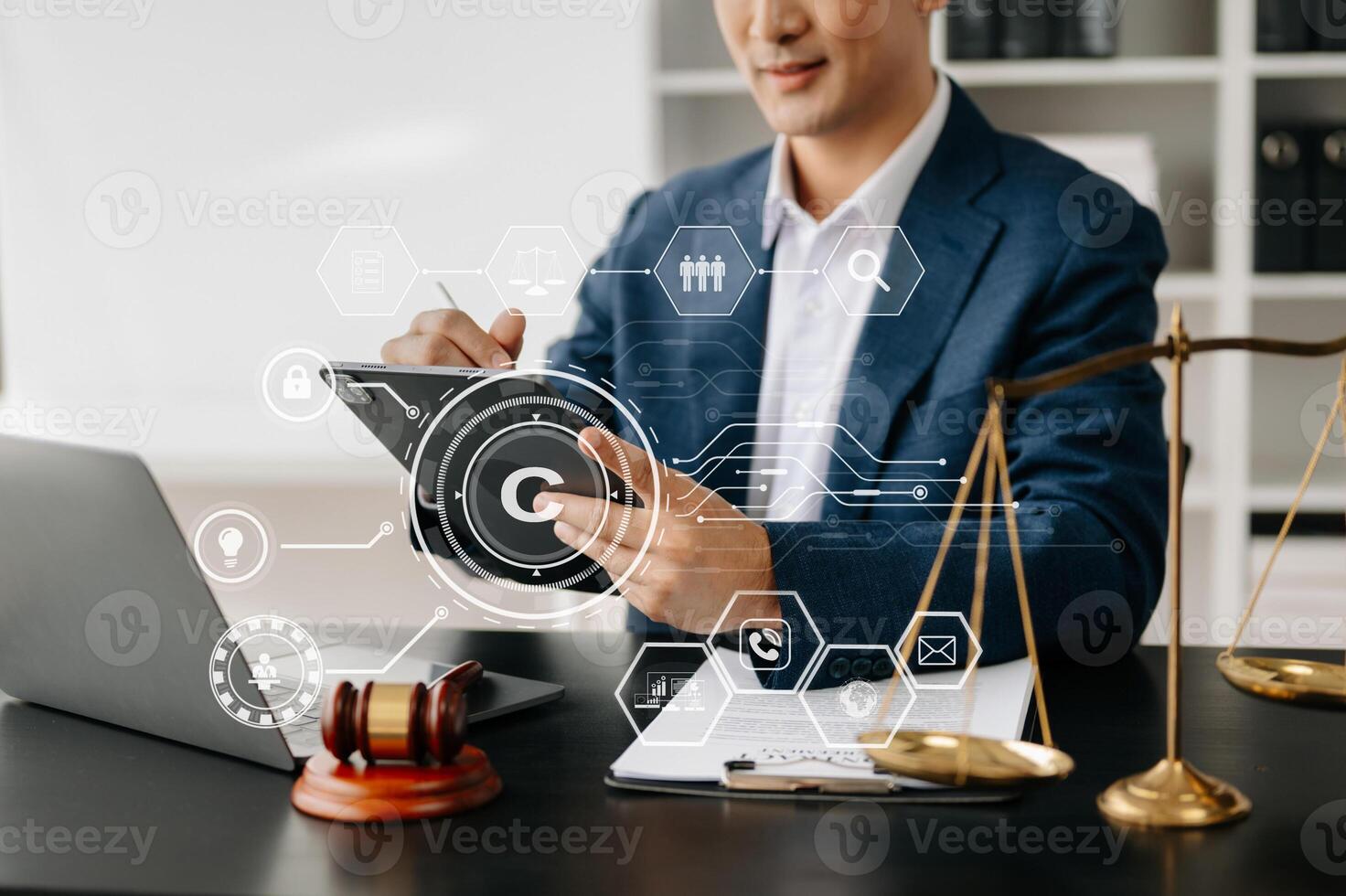 Copyright or patent concept, Person hand using laptop computer, tablet and smartphone with virtual screen copyright icon trademark, Creation ownership against piracy. at office photo