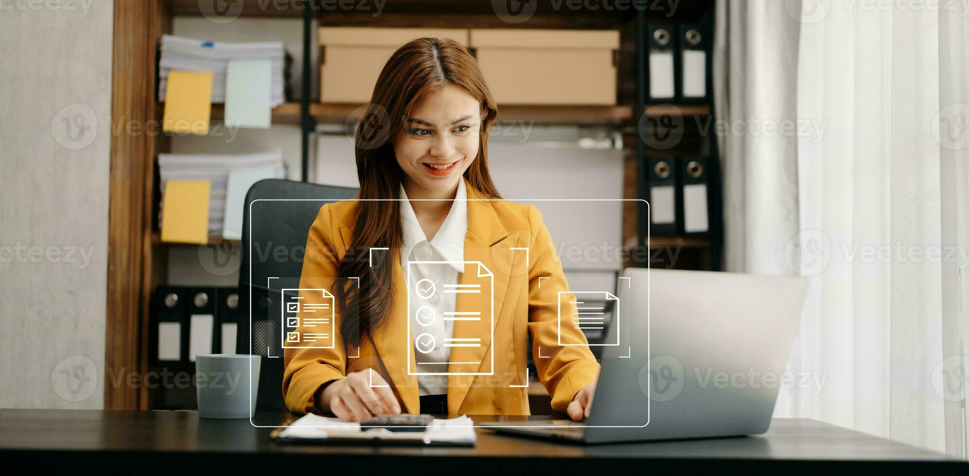 E-document management Paperless workplace, e-signing, electronic signature, document management. businessman signs an electronic document on a virtual notebook screen using a stylus pencil. photo