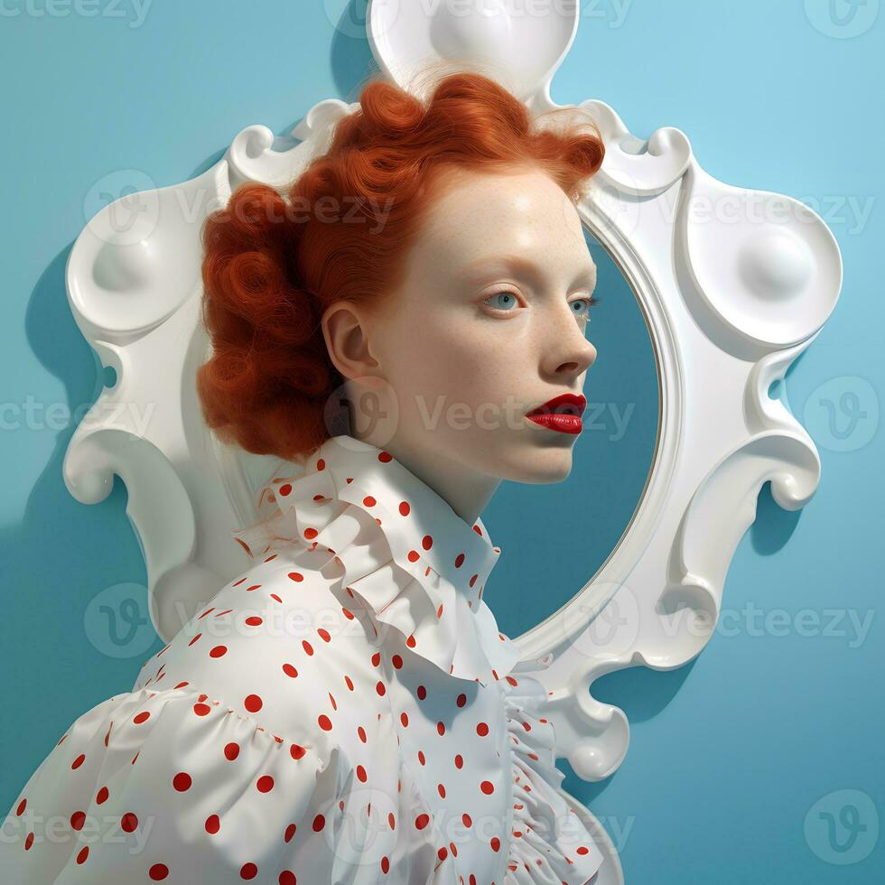 Creative portrait of a girl with red hair, light eyelashes and eyebrows and porcelain complexion in a romantic polka dot blouse, empty picture frame in the background photo