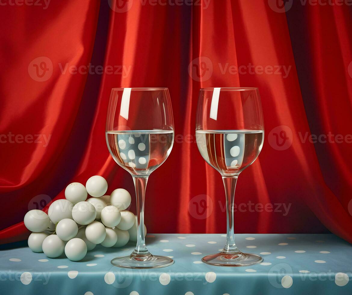 Two glasses with white wine on a romantic satin polka dot pattern tablecloth, red drapery in the background, romantic event, party for two photo