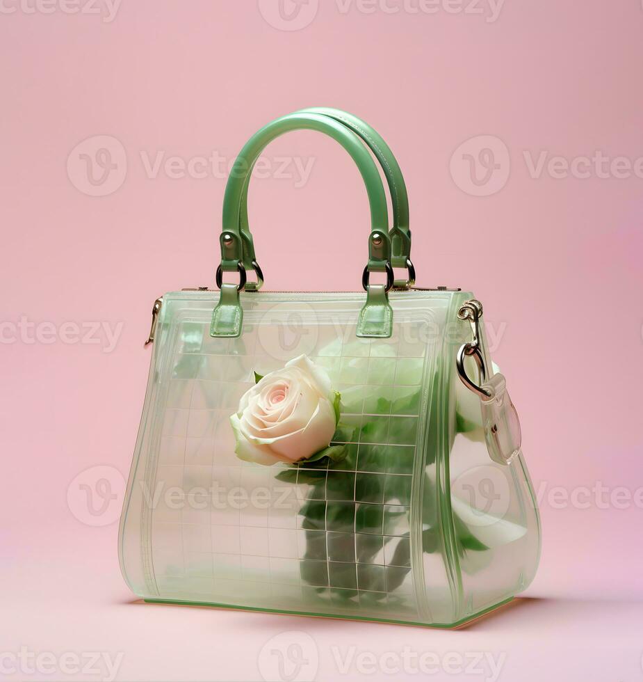 Trendy women's bag made of transparent plastic, blooming pink rose inside. Spring summer fashion trend photo