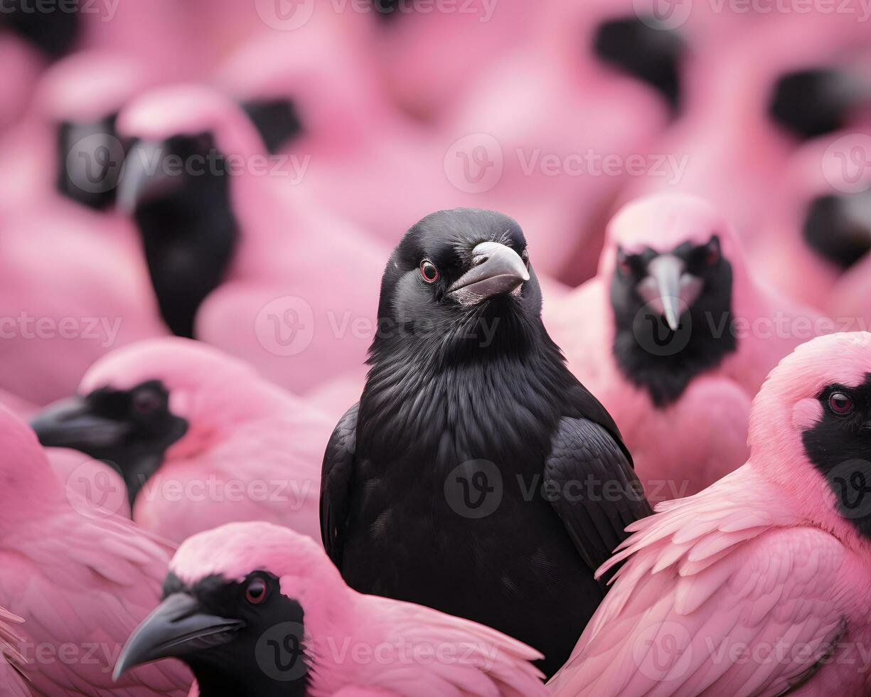 un rebaño de rosado cuervos, uno negro entre ellos foto