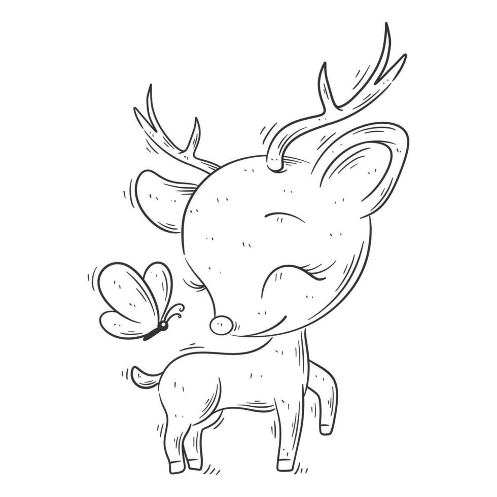 Cute deer is playing with butterfly for coloring vector