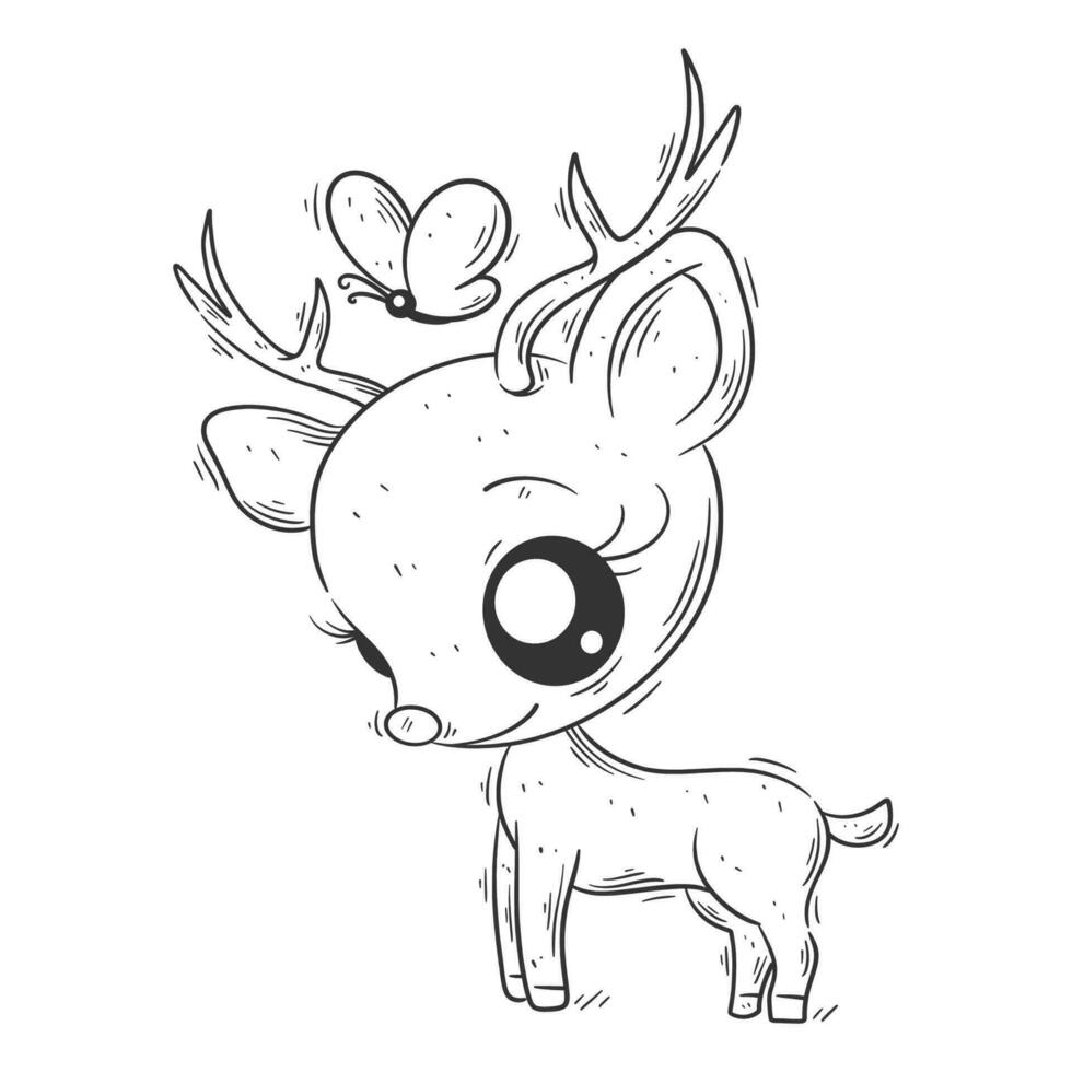 Cute deer is standing playing with butterfly for coloring vector