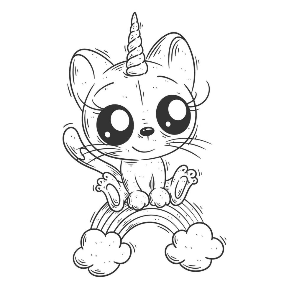 Cute unicorn cat sitting on the rainbow for coloring 27720316 Vector