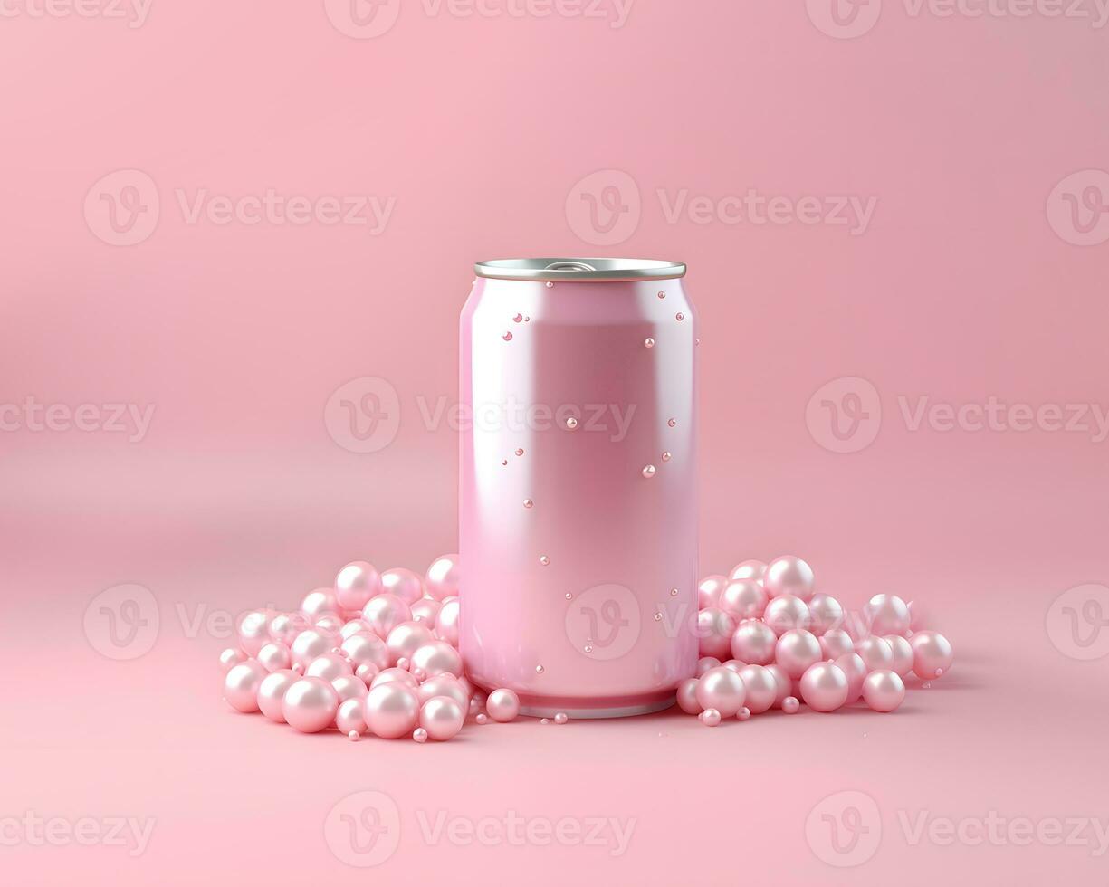 Candy pink drink can with beads like foam spilled from the can, summer sweet refreshment photo