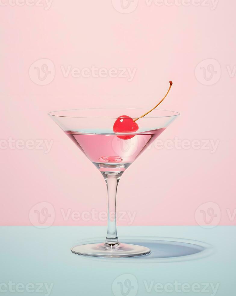 Cocktail martini glass with drink and candied cherry, minimal concept of a girls party photo