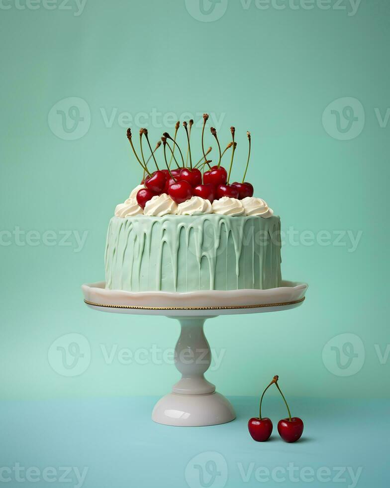 Creamy mint green fruit dessert on a cake stand, decorated with juicy cherries, nostalgic celebration concept, birthday party. photo