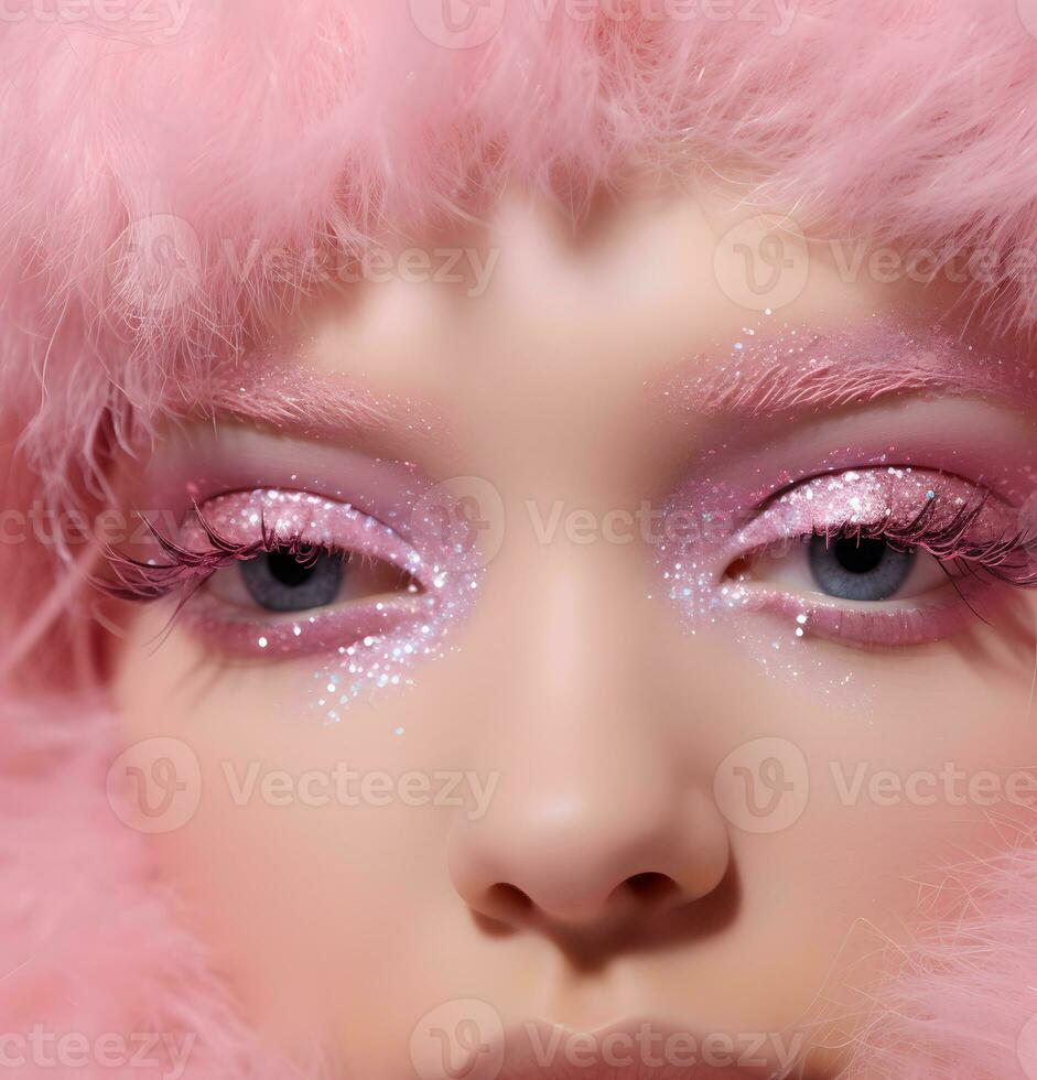 The face of a young beautiful girl with perfect skin, with shimmering pink eye shadow framed by fluffy feathers. New Year party make up trends. photo