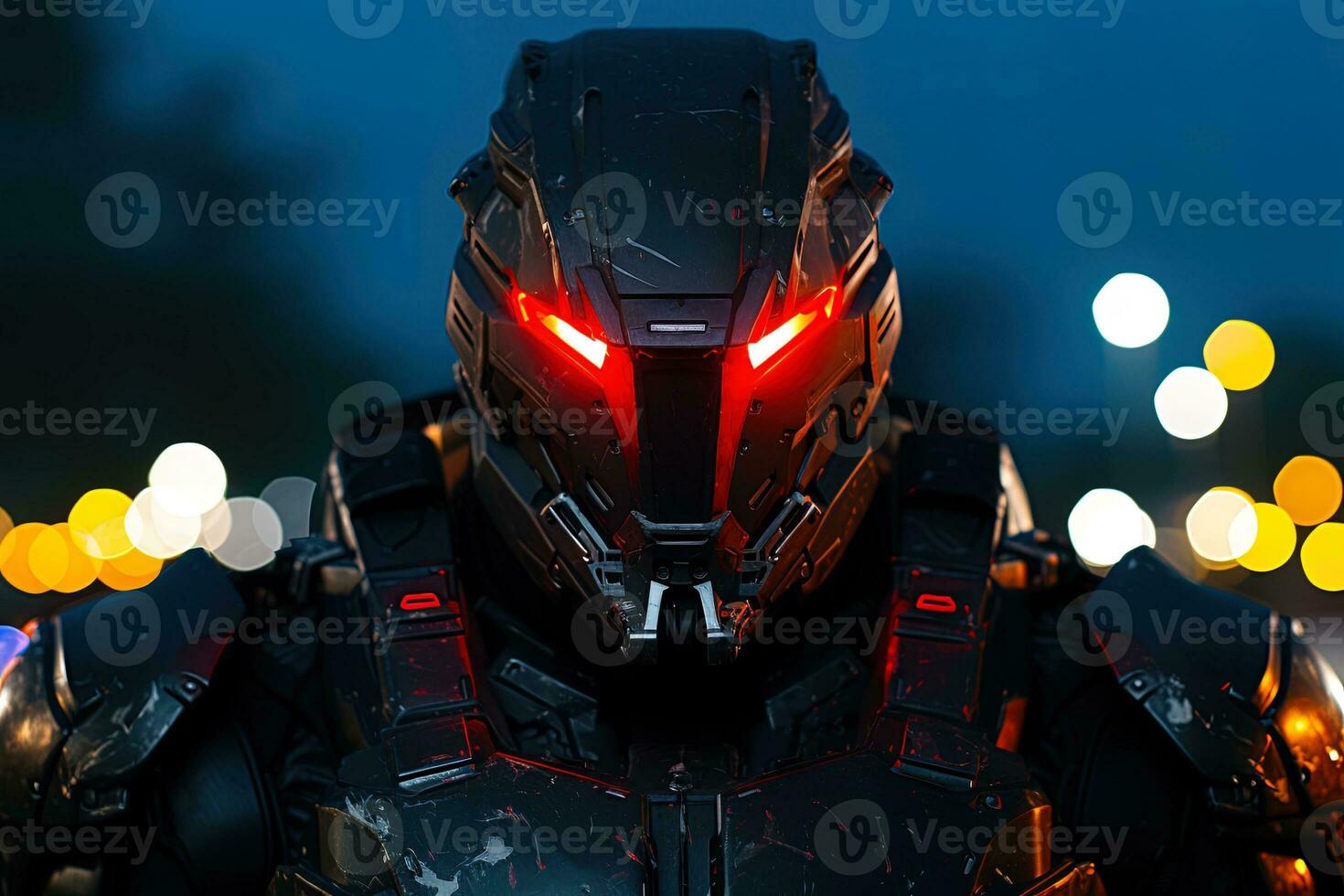 Cyborg in futuristic space suit. cyber warrior with a machine gun on a dark background.AI generative photo
