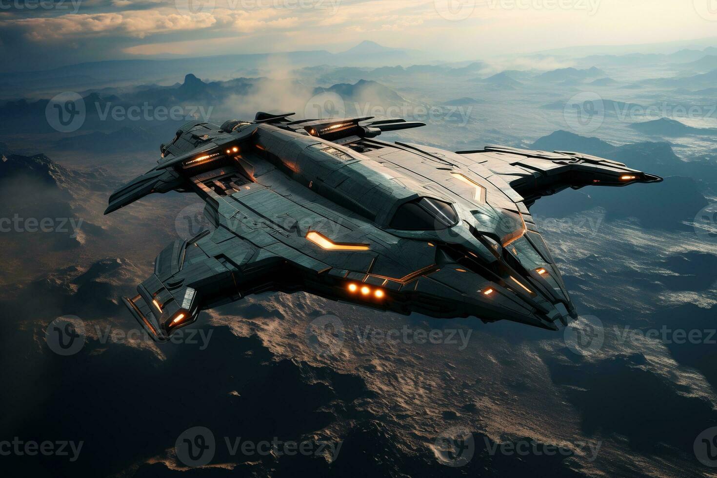 Futuristic spaceship flying in deep space. Futuristic spaceship. AI generative photo