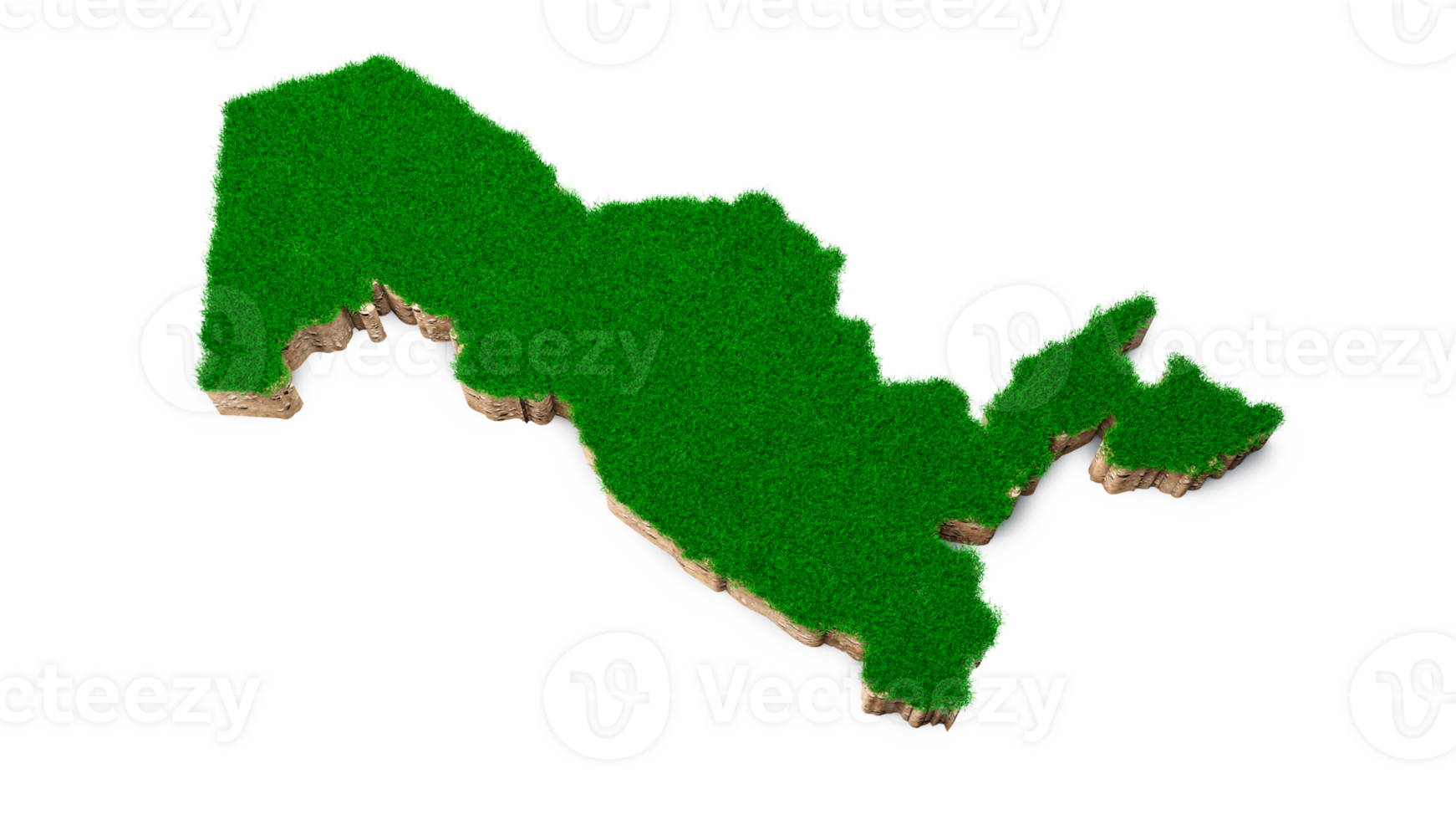 Oezbekistan kaart bodem land geologie dwarsdoorsnede met groen gras en rotsgrond textuur 3d illustratie png