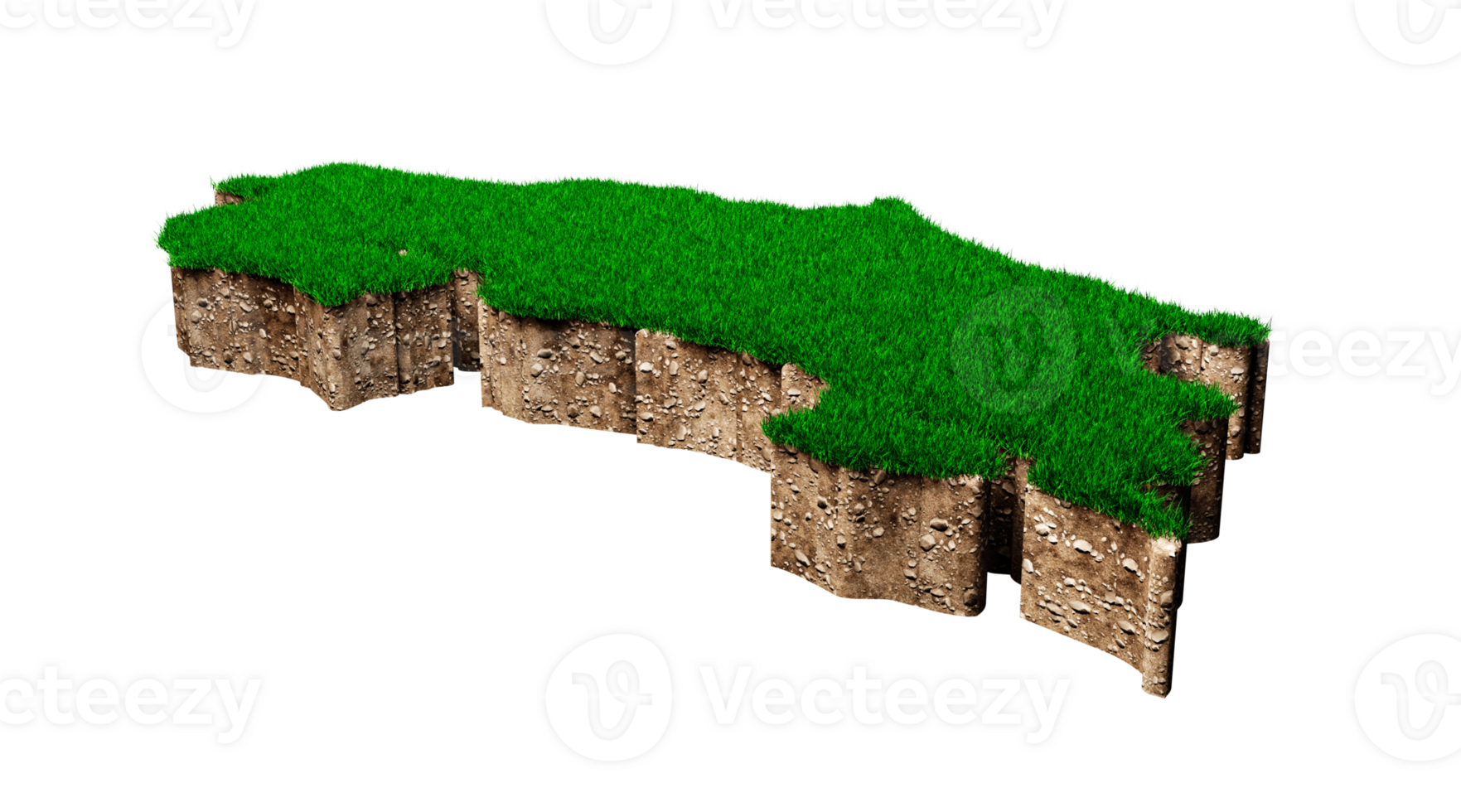 Costa Rica Map soil land geology cross section with green grass and Rock ground texture 3d illustration png
