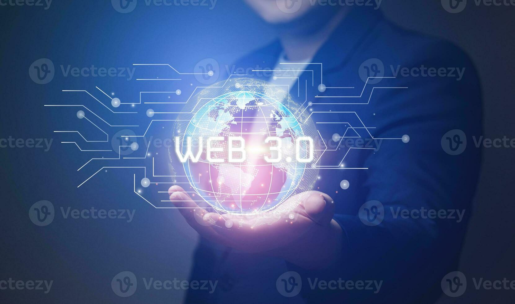 Man showing Web 3.0 concept of website allows users to fully own their digital assets and connect data with technology that users to create storage space at server in the digital world photo